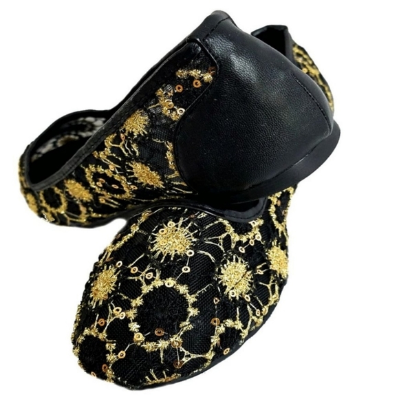 Embroidered Flower Ballet Flats - Black & Gold - Picture 4 of 5